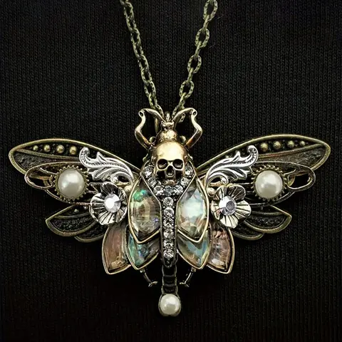 Vintage Gothic Pearl Skull Moth Pendant Necklace, Antique Bronze Color, Punk Style, Unisex Couple Party Jewelry, Creative Design, Costume Jewelry Necklaces