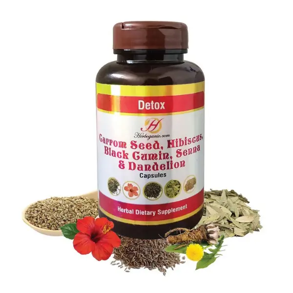 Detox Capsules (60 Caps) - Natural Cleanse with Carrom Seed, Hibiscus, Black Cumin, Senna, & Dandelion, Supports Digestive & Liver Health