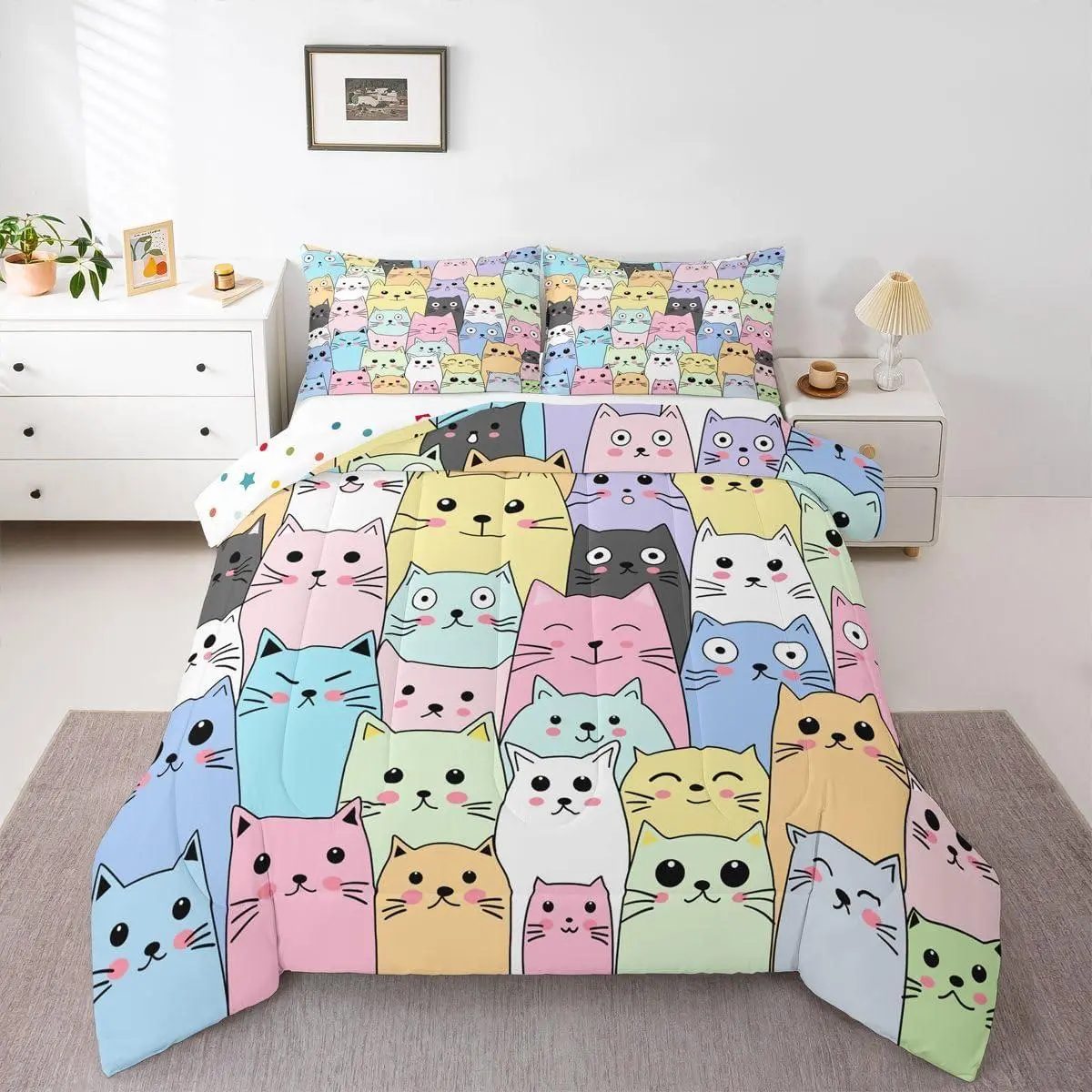 Cat Comforter Set for Girls Kids Cute Colorful Cat Bedding Cartoon Theme Children Room Decor Kawaii Kitten Ultra Soft Microfiber Bed Sets 2 Piece