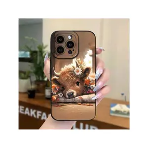 Cute Cow & Sunflower Simple Print Phone Case, Black Classic Frosted Phone Case For Iphone 16/15/14/13/12/11/X/XR/XS/8/7/SE Mini Plus Pro Max Series All-Inclusive Protective Phone Case Compatible with Samsung Galaxy 24