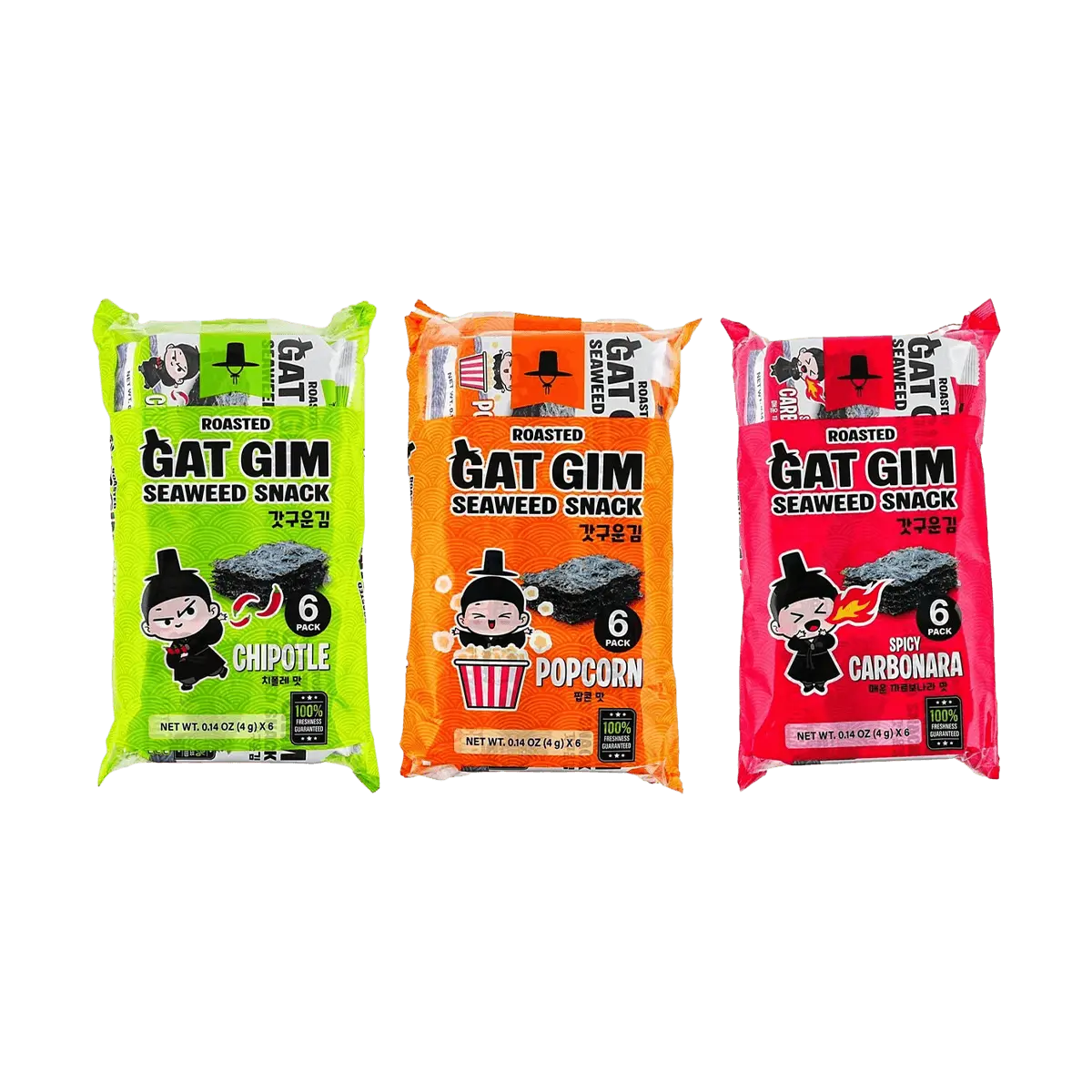 JAYONE Korean Roasted Seaweed Snacks Variety Pack - 3 Flavors: Spicy Cream Bacon, Smoked Chili, Popcorn (24g x 3 Bags)