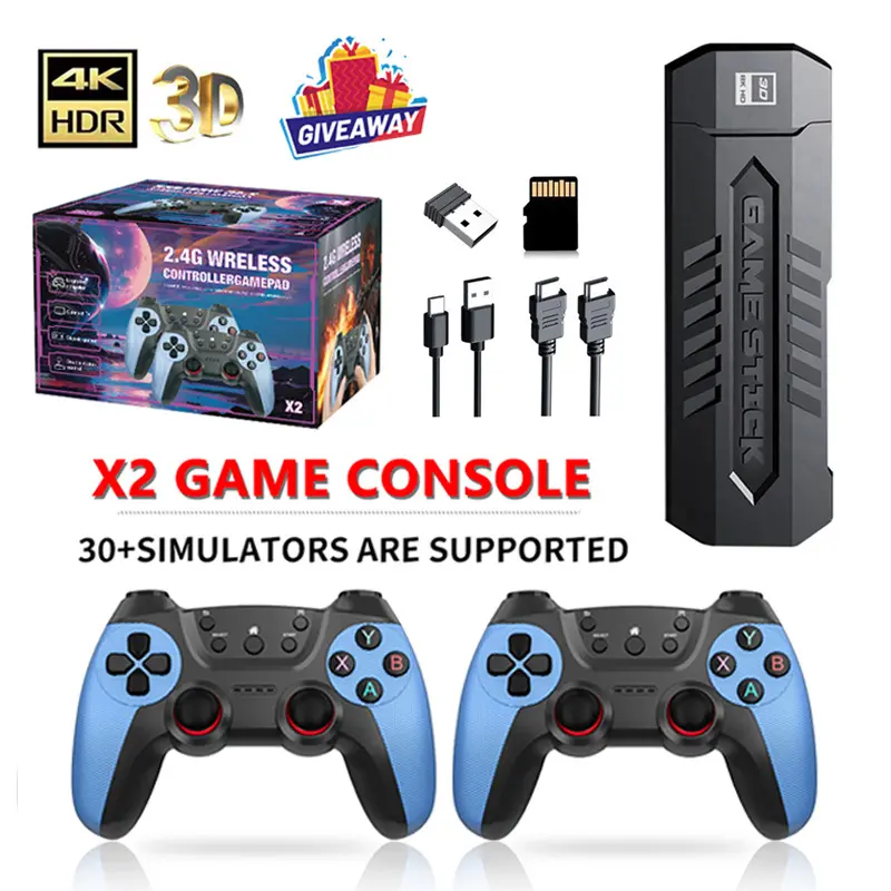 X2 Blue Retro Game Console Stick with 2.4G Dual Wireless Controllers, 30+ Game Emulators, HDMI Output, Classic Arcade Console for Family - Compatible with TV/Monitor