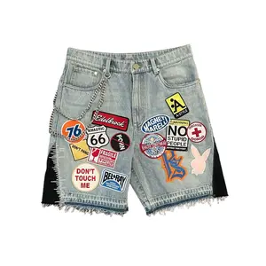Street-style retro patchwork denim shorts, unisex hip-hop cartoon pattern retro blue loose denim fitness casual fashion shorts
