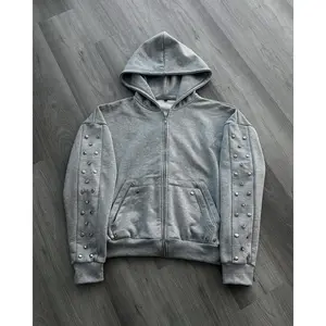 Y2kMenClothingGrayRivetZipperHoodidsTracksuitDoubleLayerElasticWaistSweatpantsShortsTwoPieceSetClothesforMen