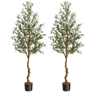 【GARVEE】6FT Tall Artificial Olive Tree Set of 2 with Silk Leaves, Curved Wood Trunk, and Lifelike Fruits - Perfect Indoor Decor for Home, Office, and Living Room