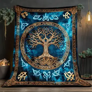 1pc Viking Style Tree of Life Print Portable Flannel Throw Blanket - Lightweight Warm Digital Print for Sofa Bed Travel Camping Living Room Office Couch Chair and Bed, Mixed Colors, All-Season Use, Viking Decor, Cozy Home Accessory