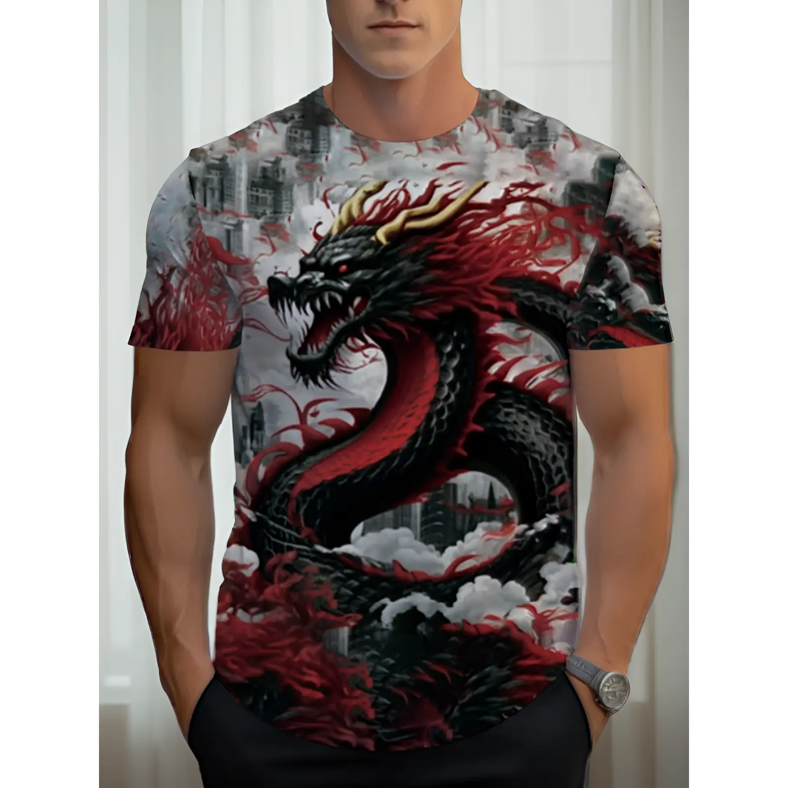 Casual Men'S Artistic Dragon Pattern T-Shirt - Featuring a Bold 3D Red And Black Print, This Regular Fit Round Neck Short Sleeve Top Is Perfect for Relaxed And Stylish Outfits.It Is Machine Washable, Embodies Urban Fashion, Has Eye-Catching Prints