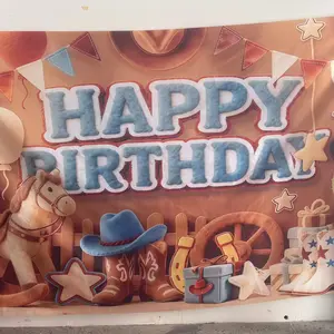 Western Cowboy themed Birthday Party Background Banner,Western Countryside,Boots,Hat,Cactus,Polyester Material, Suitable for Living Room, Bedroom, Office, Birthday, Anniversary and Home Decoration, Outdoor and Indoor Parties, Photography Background Cloth