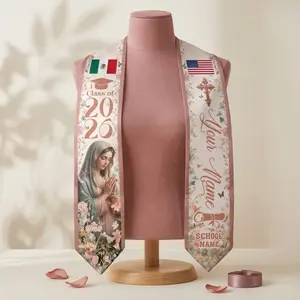 Custom Mexican American Graduation Stole – Pink Floral Virgin Mary Sash, Personalized Name & Year