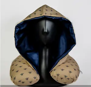 Travel Napz - Navy Bee Travel Pillow w/ Satin Lined Hood For Hair Protection and Ultimate Travel Comfort!