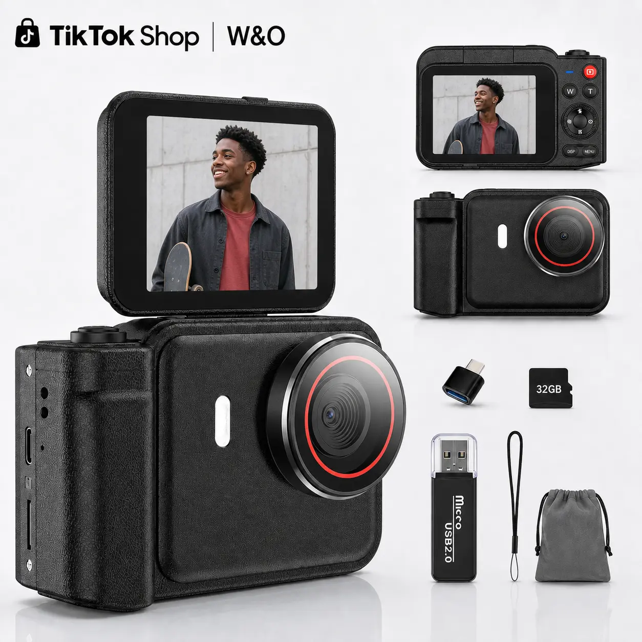 W&O 4K Digital Camera for Photography, 48MP Vlogging Camera with Fill Light, 180° Flip Screen, 16X Digital Zoom, 32GB Card, Compact Point and Shoot Camera for Students, Women and Beginners, Ideal Gift