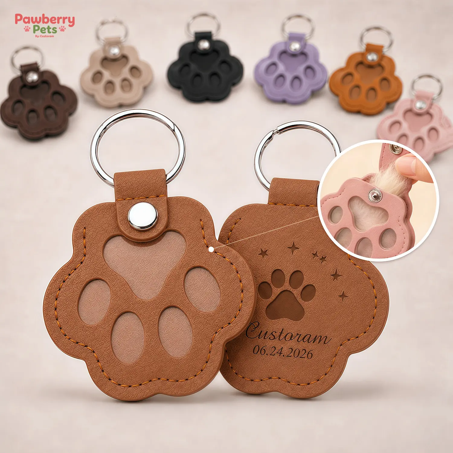 Custom Pet Memorial Paw Keychain, Pet Hair Keepsake Holder for Dog Cat, Personalized PU Leather Paw Print Key Ring, Fur Storage Charm, Pet Loss Remembrance Gift