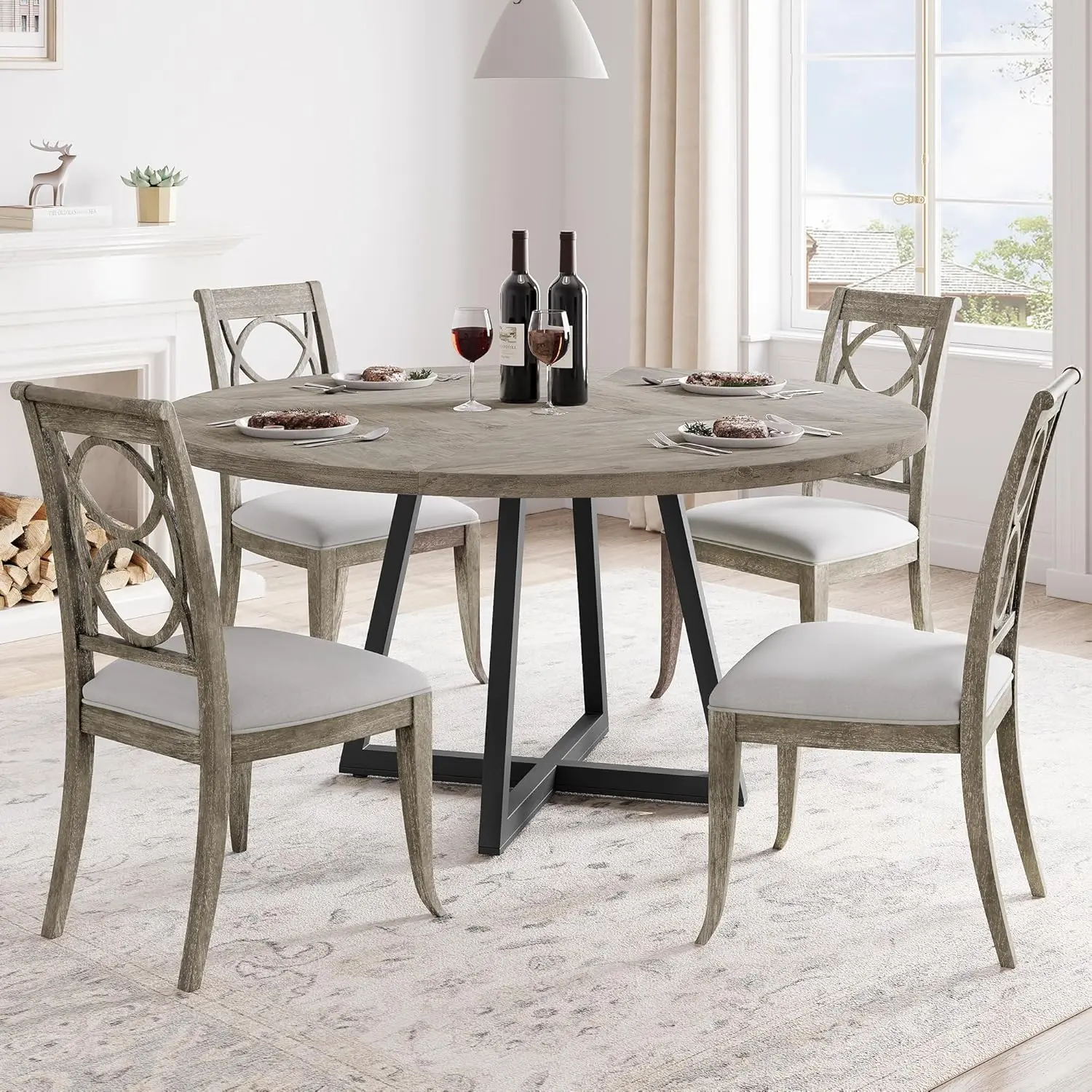 47" Round Dining Table for 4-6 – Industrial Kitchen Table with Metal Pedestal Base and Space-Saving Storage for Dining Room