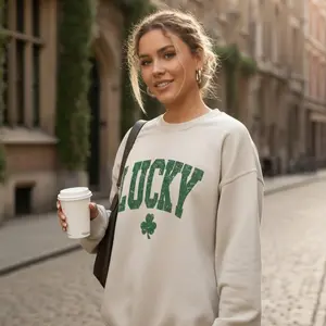 Distressed Lucky Shamrock Sweatshirt - Retro Varsity St. Patrick’s Day Crewneck, Aesthetic Irish Green & Sand Pullover, Vintage Style Lucky Shirt for Women & Men, Trendy St Paddy’s Day Outfit, Oversized Aesthetic Clover Sweatshirt