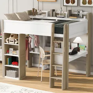 Full Size Loft Bed with Desk, Wood Full Loft Bed Frame with Built-in Storage Shelves and Clothes Rails, No Box Spring Needed, White+Naturel