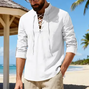 Mens Casual Long-sleeve Linen Henley Shirt