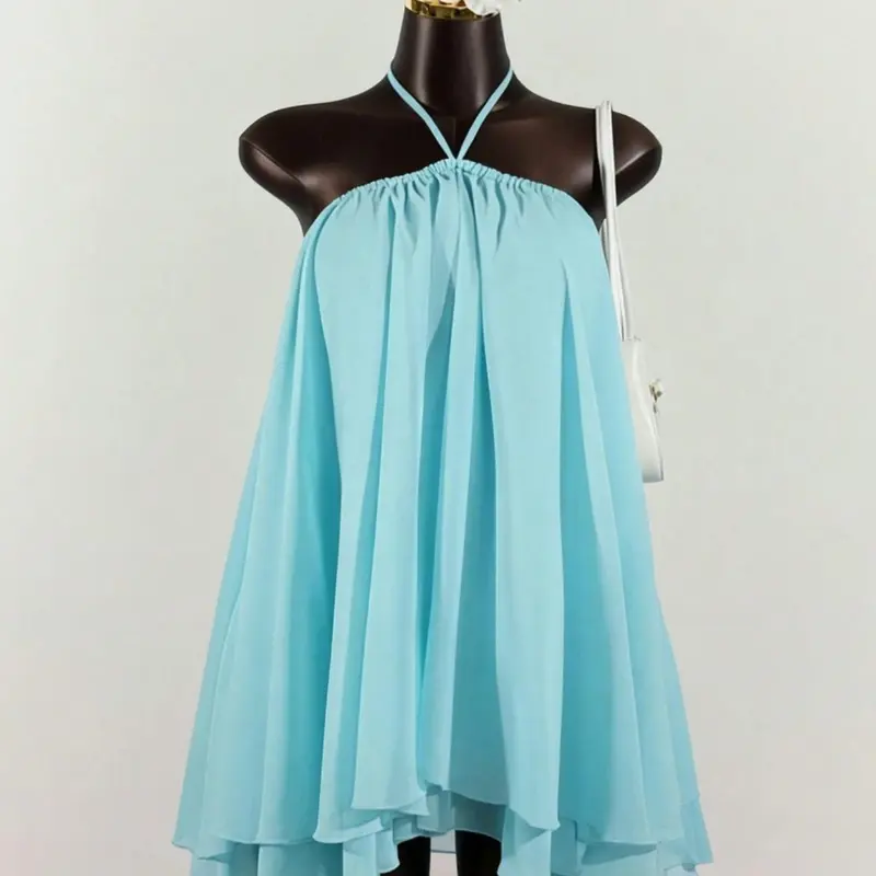 Women's Chiffon Layered Ruffle Sleeveless Halter Mini Dress, Elegant Chic Summer Fashion, Lightweight & Breathable, Airflow Tiered Dress, Formal Party Dress, Chiffon Cocktail Dress, Short Dress