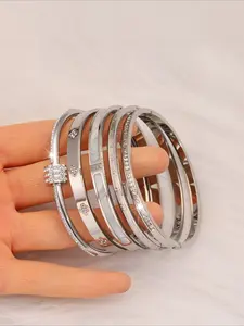 5pcs Light Luxury Elegant Stainless Steel Simple Geometric Bracelet Set, Versatile Fashion Accessories for Daily Commuting, Preferred Birthday Gifts for Best Friends' Parties, Exquisite Bracelet