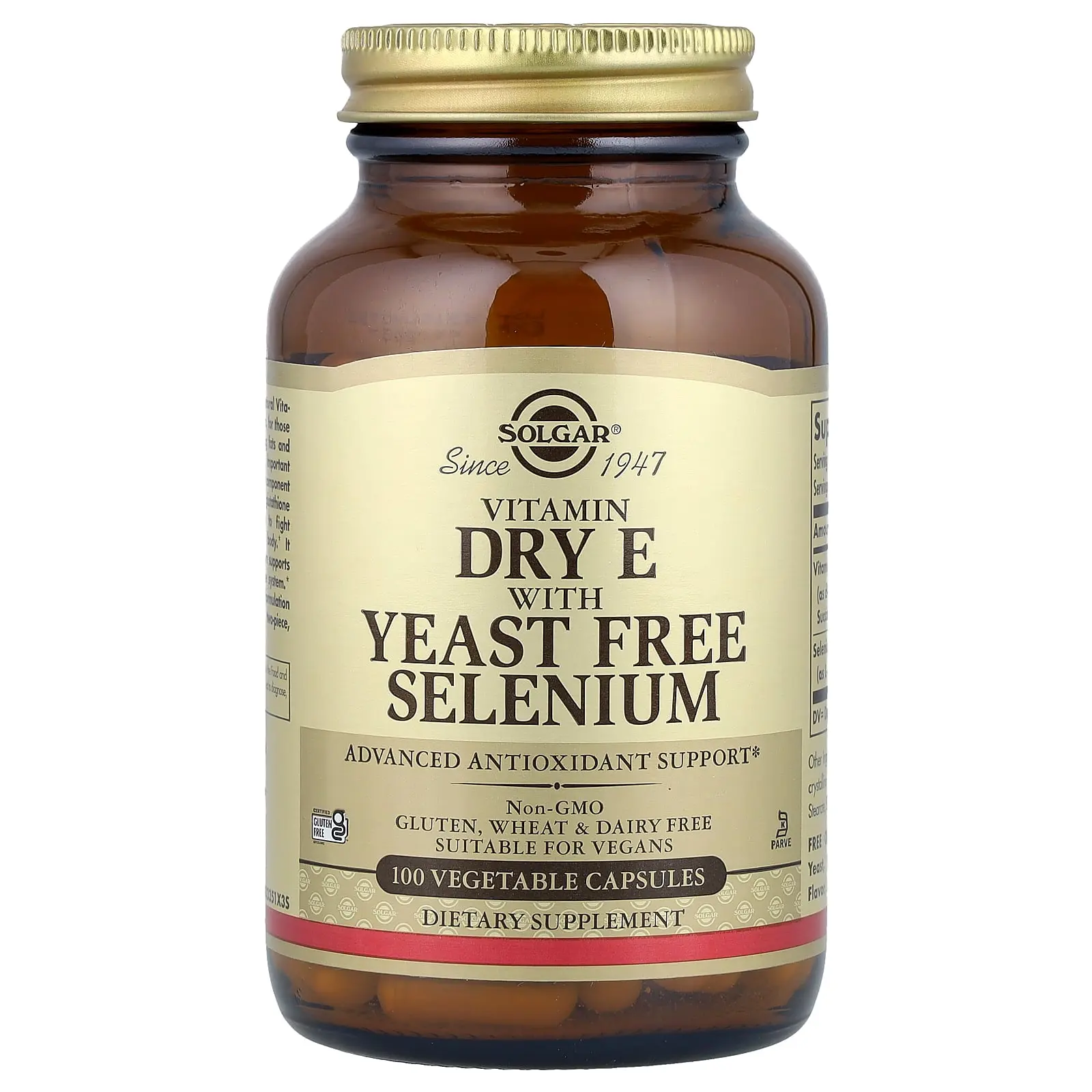 Solgar Vitamin Dry E with Yeast Free Selenium, 100 Vegetable Capsules