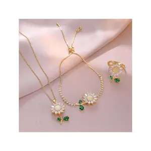 3 piece Green Leaf Rotating Sunflower Zircon Jewelry Set Necklace Earrings Bracelet Fashion Clavicle Chain for Women Girls Gift