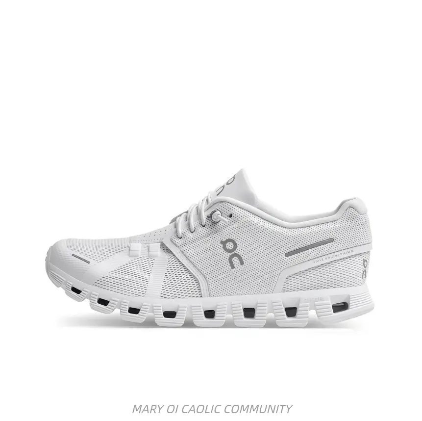Pure white athletic shoes with flexible fine mesh upper, smooth cushioning for running and casual movement.
