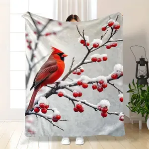250-300Gsm Red Cardinal Berries Winter Fleece Blanket - Double-Sided Plush All-Season Thick Soft Throw, Burgundy Cardinal Bird & Berry Pattern, 30S Yarn-Like Texture For Bed, Couch, Sofa - Cozy Christma Blanket, Bed Blanket, Valentine'S Day, New Year