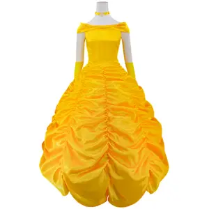Women‘s Princess Belle Costume Yellow Dress with Gloves Necklace for Halloween