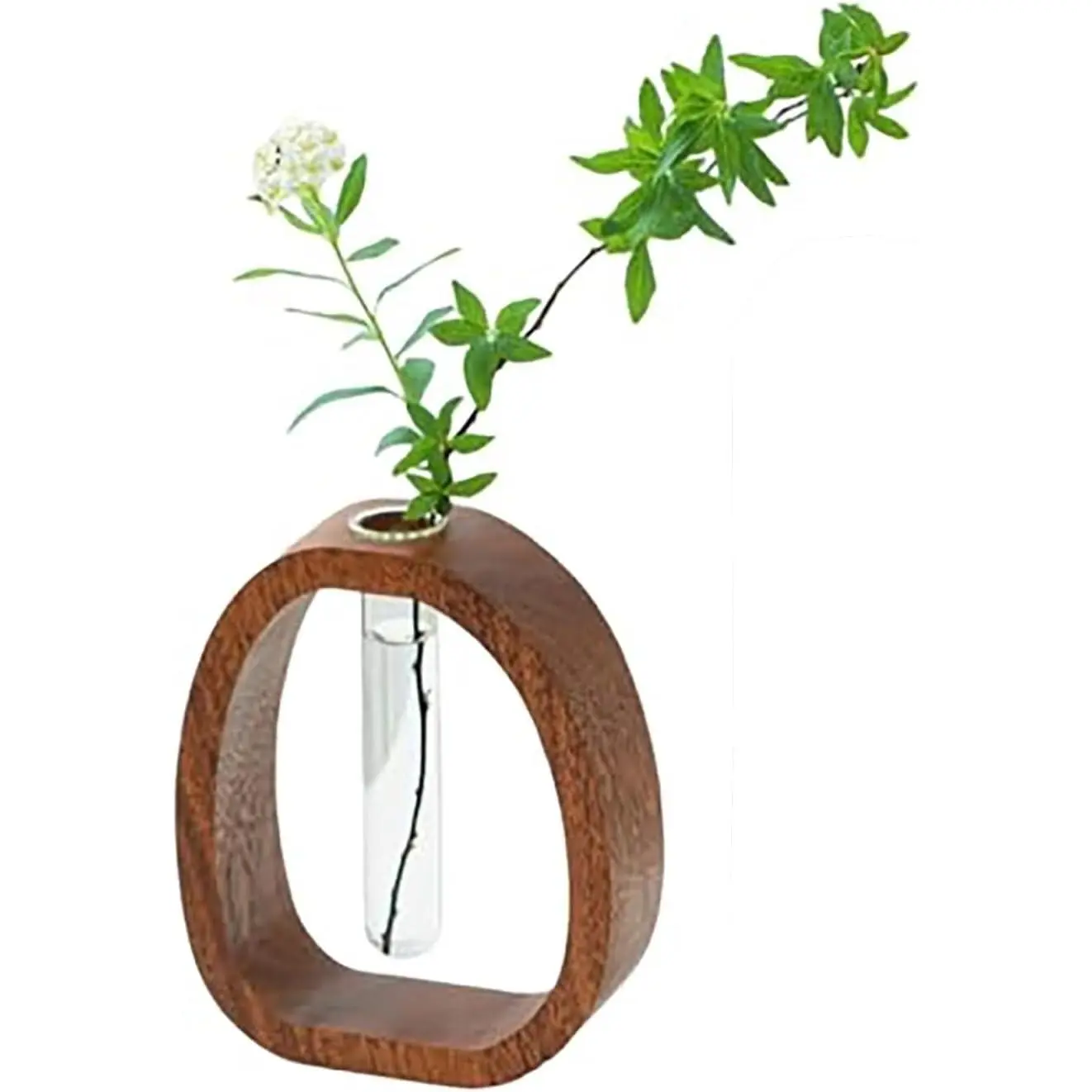 Walnut Wood Glass Flower Vase with Test Tubes | Modern Hydroponic Planter for Fresh Cut Flowers | Handcrafted Tabletop Decor for Home, Office, Farmhouse Style (Large)