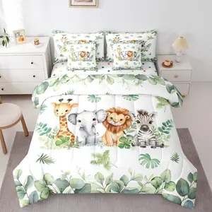 Jungle Animal Comforter Set with Sheets | Giraffe Elephant 7-Piece Bedding Set,Green Botanical Eucalyptus Palm Leaves Bed in a Bag Zebra Lion Safari Animal Bed Quilt Sets