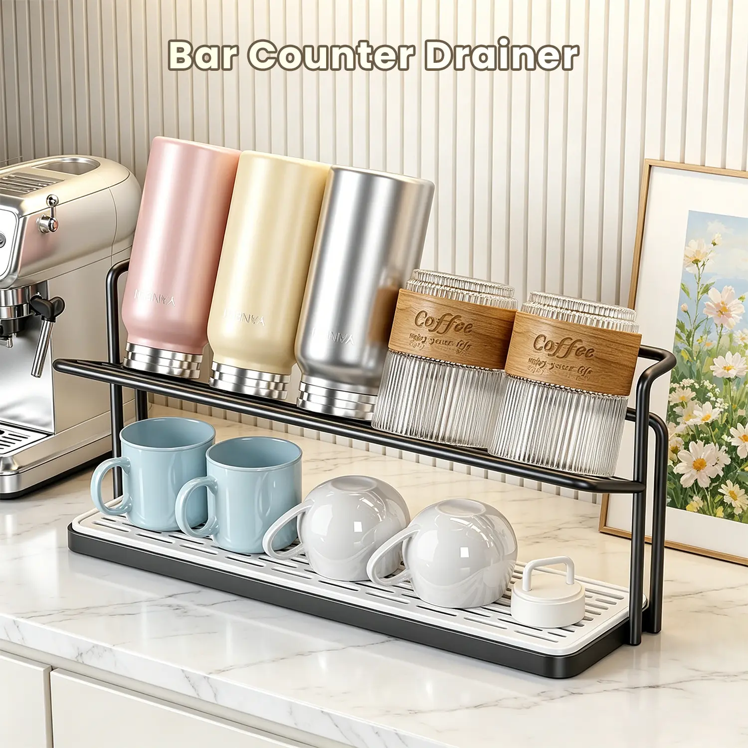 Water bottle drying rack with drainage tray and mug storage rack, suitable for kitchen worktops – double-tier (black)