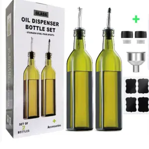 17oz（2pcs） Glass Olive Oil Bottle Dispenser - 500ml Green Oil and Vinegar Cruet with Pourers and Funnel - Olive Oil Carafe Decanter for Kitchen