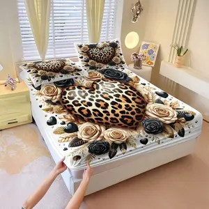 3Pcs Luxurious Leopard Print Heart Fitted Sheet Set, Elegant Beige & Black Floral Bedding with Roses, Gold Accents & Ornate Decor, Perfect for Chic Bedroom Style & Cozy Nights, Lncludes 1 Fitted Sheet, With 2 Coreless Pillowcases