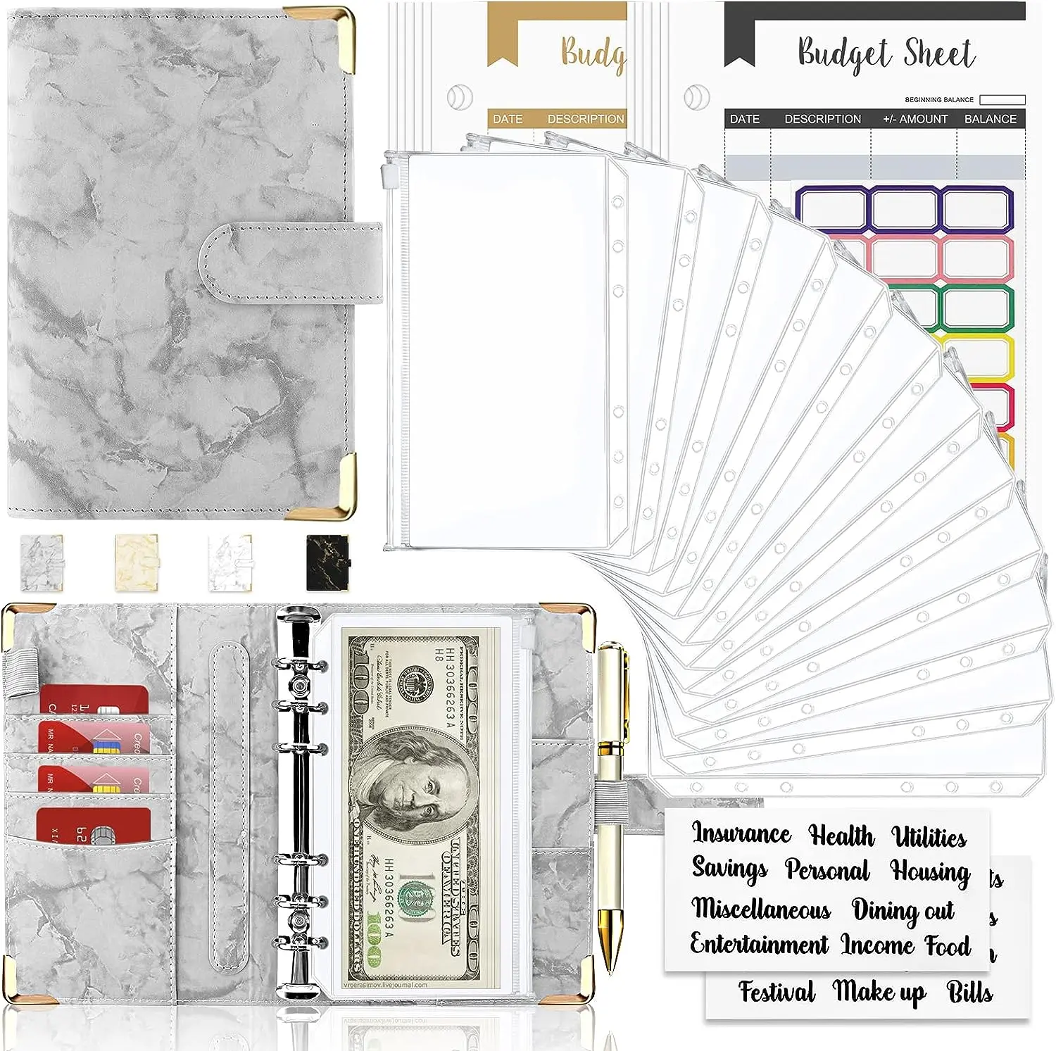 A6 Size PU Leather Marble Cover Budget Binder - 28Pcs Office Stationery, Finance Checklist Organizer, Waterproof, Corner Protection, Zipper Secured, Hidden Compartments, Pen Holders, Make Budgeting Easier, Organize Cash Envelopes for Personal Use