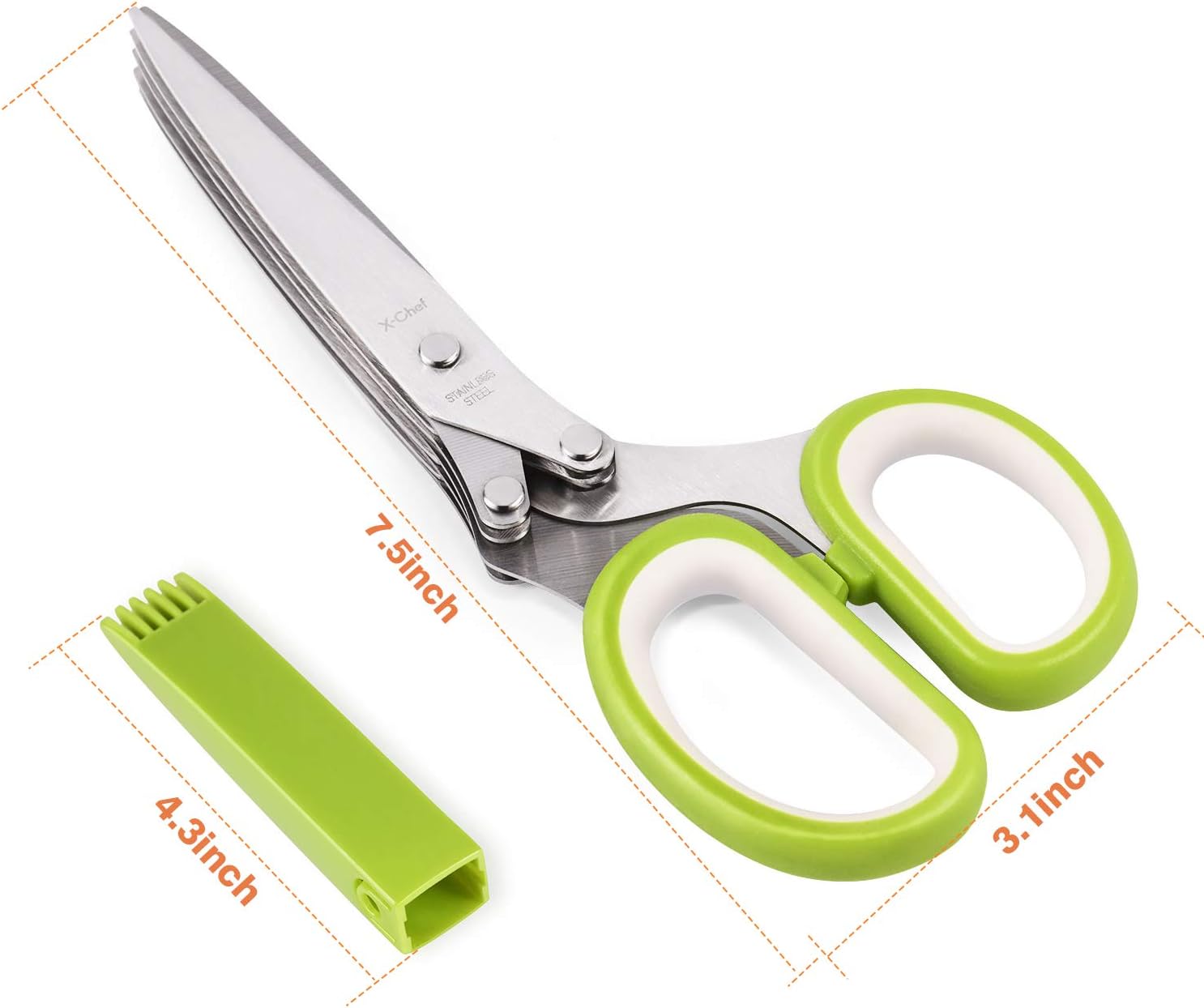 Herb Scissors, Multipurpose 5 Blade Kitchen Herb Shears Herb Cutter with Safety Cover and Cleaning Comb for Chopping Basil Chive Parsley (Green)