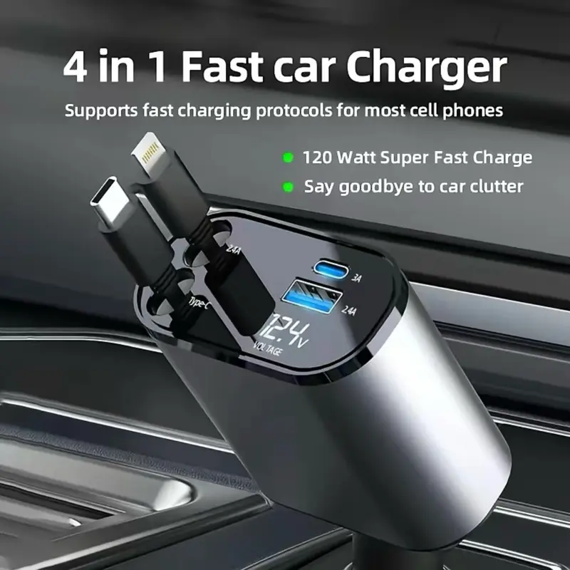 Retractable 120W 4-in-1 Car Charging Cable & 4-Port Adapter for iPhone Galaxy Pixel Safe Reliable Car Plug Carcharger with Type-C and Type-L Cables and Ultra-Fast Charging