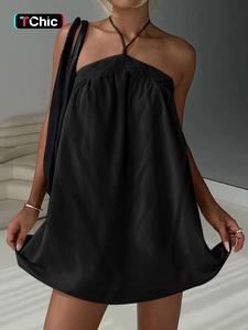 women's solid color halter neck double layered cami dress, chic sexy sleeveless short dress for summer, ladies clothes for beach holiday