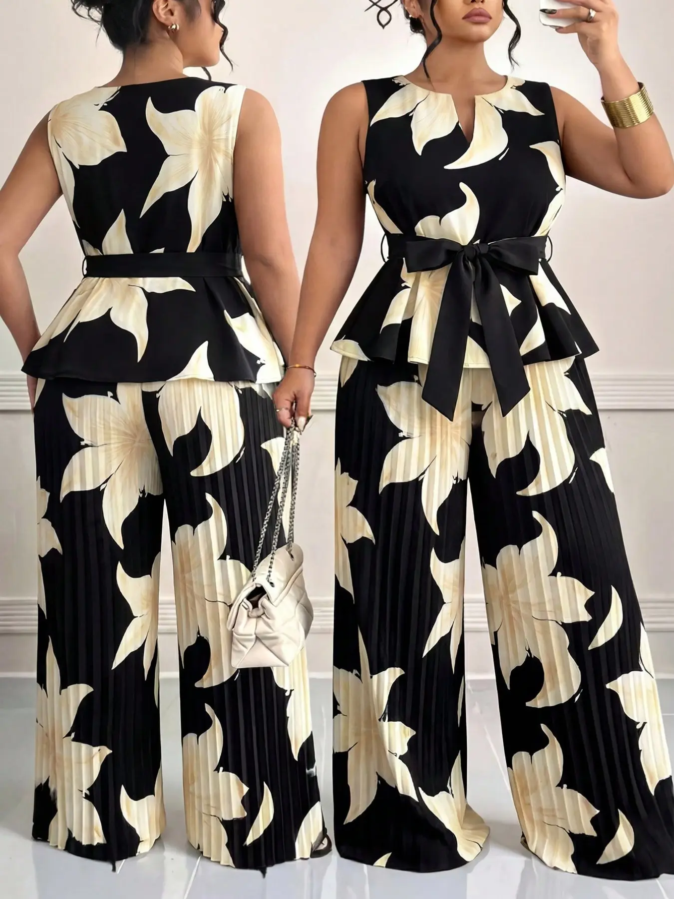 Plus Size Summer Beach Two-Piece Set, Vintage Large Floral Print Sleeveless Top + High Waist Pleated Wide Leg Pants, Casual Holiday Style Clothes