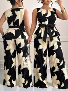 Plus Size Women's Summer Two-Piece Set, Vintage Floral Print, Sleeveless Top + High Waist Wide Leg Pants, Elegant Style Womenswear