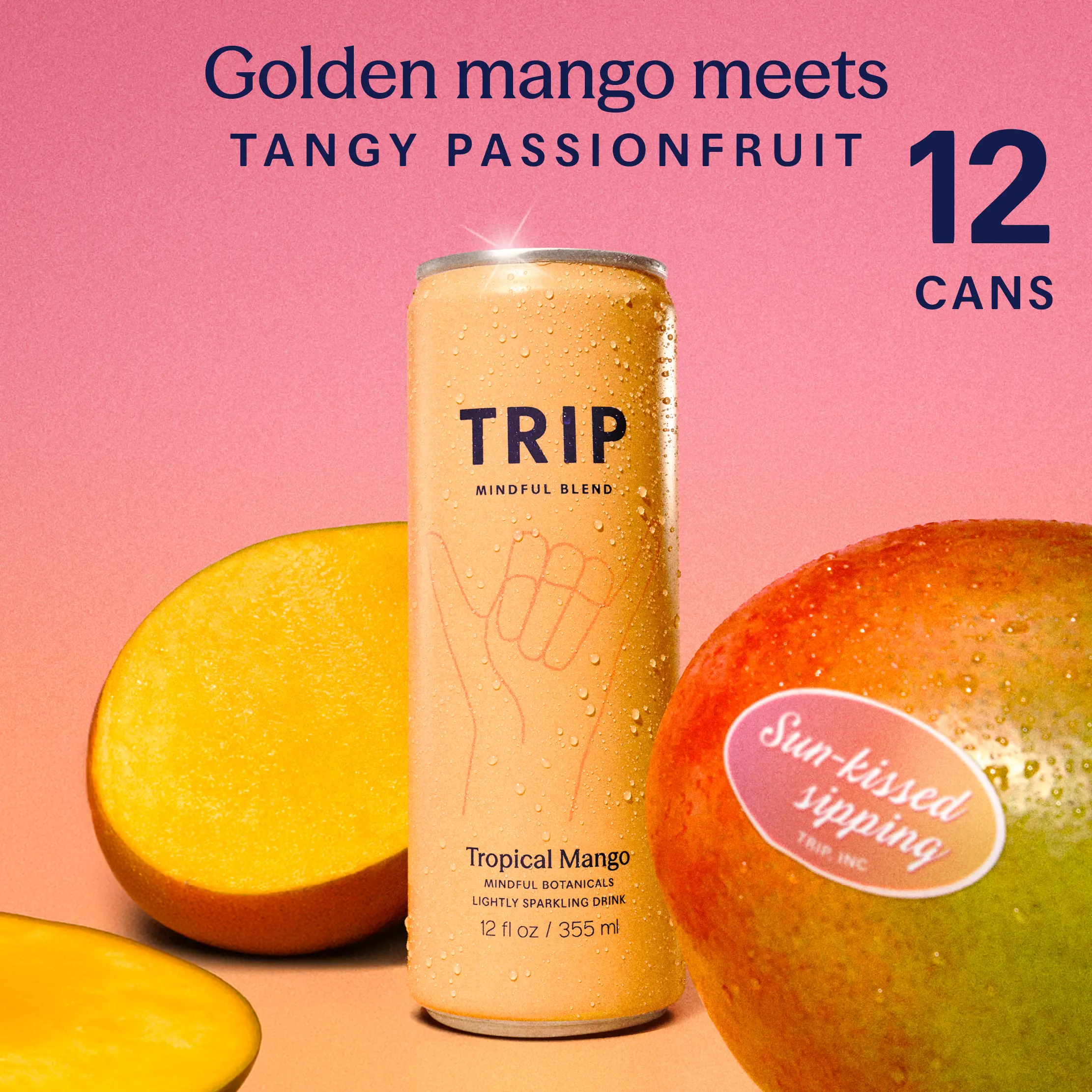 TRIP Tropical Mango Sparkling Magnesium Drink — 120mg Magnesium, Lion's Mane, Chamomile & Lemon Balm, Non-Alcoholic, No Added Sugar, Vegan (12-Pack, 12oz)