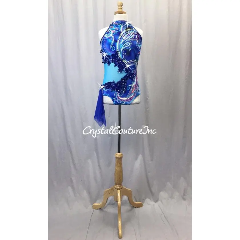 Royal Blue Paisley Print Leotard with Teal Blue Sheer Mesh - Rhinestones