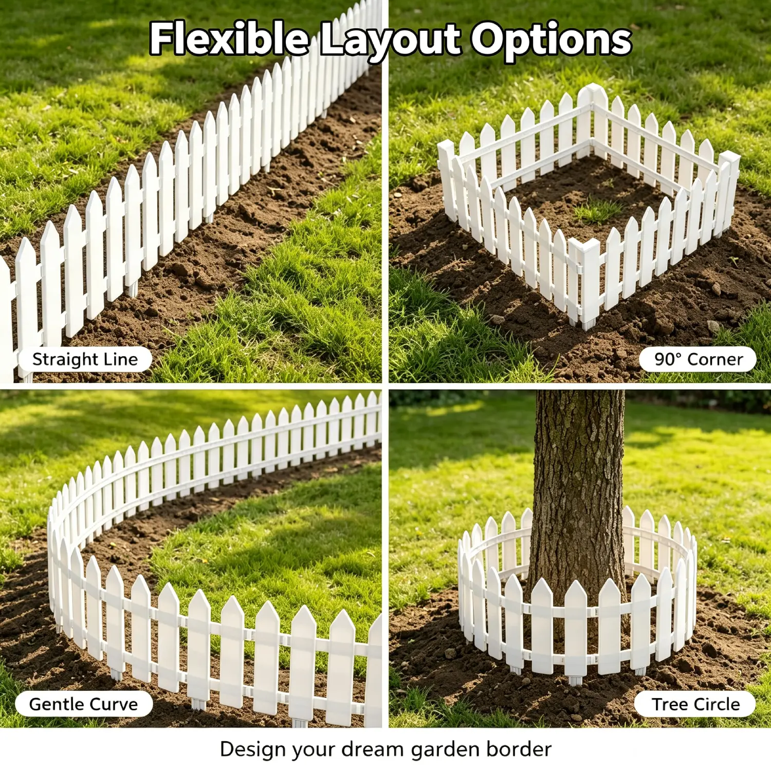 Home Supplies White Plastic Picket Garden Fencing - 12-Piece Set with 12 Inserts, 6.69 inches l * 7.87 inches h Curved/Straight Lawn Flower Bed Border Edging, All-Seasons Durable Landscaping Decoration for Beautifying Your Garden, Easy Maintenance