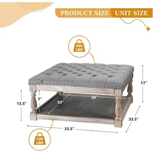 HULALA Home Large Square Ottoman Coffee Table with Storage, Button Tufted Cocktail Ottoman with Shelf & Solid Wood Legs, Upholstered Farmhouse Footrest for Living Room, Grey