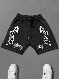 Starry Sky Unisex Washed Baggy Fashionable Shorts | Y2K Star Graphic Sweat Shorts | Bold White Print on Black | Soft & Breathable | Perfect for Summer Hangouts, Skate Parks & Music Festivals | Viral Aesthetic Streetwear for Gen Z