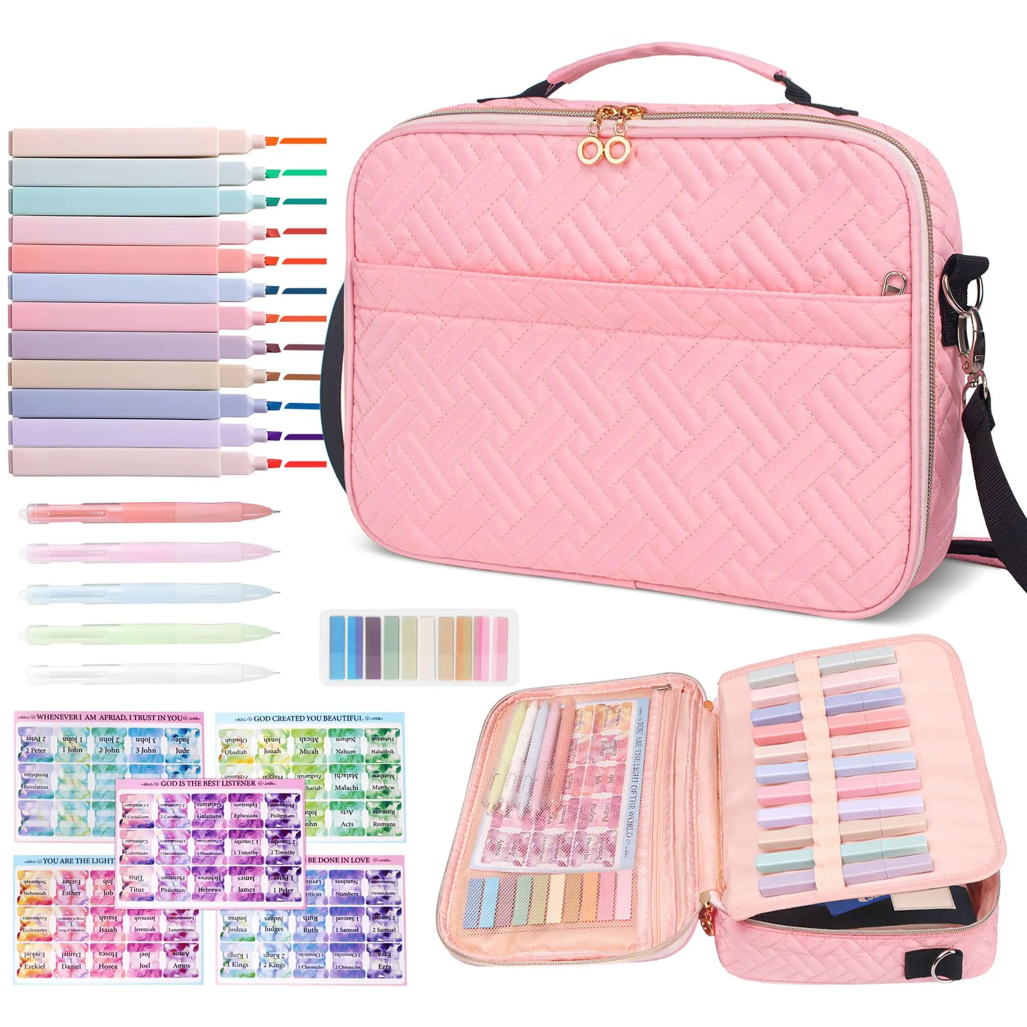 Pink Bible Case Set for Women - Large Bible Bag with Journaling Kit, Highlighters, Pens, Tabs & Sticky Notes, Bible Cover as Christian Gifts for Mom, Wife