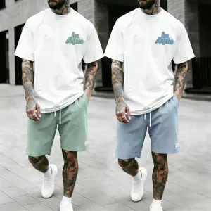 Men's Summer Sport Casual Letter Print Short Sleeve Tee and Solid Color Shorts Set, Fitted Regular Length, Plain Pattern, No Button or Zipper