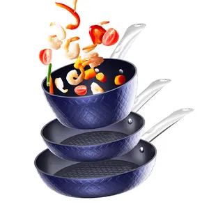 Frying Pan Sets Non Stick 3Pieces Blue 3D Diamond Cookware Aluminium Lid