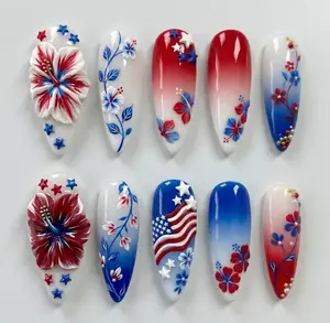 Handmade 4th of July Hibiscus Press On Nails | Luxury 3D Tropical Floral & American Flag Art | Elegant Red, White Blue Ombre Summer Nails