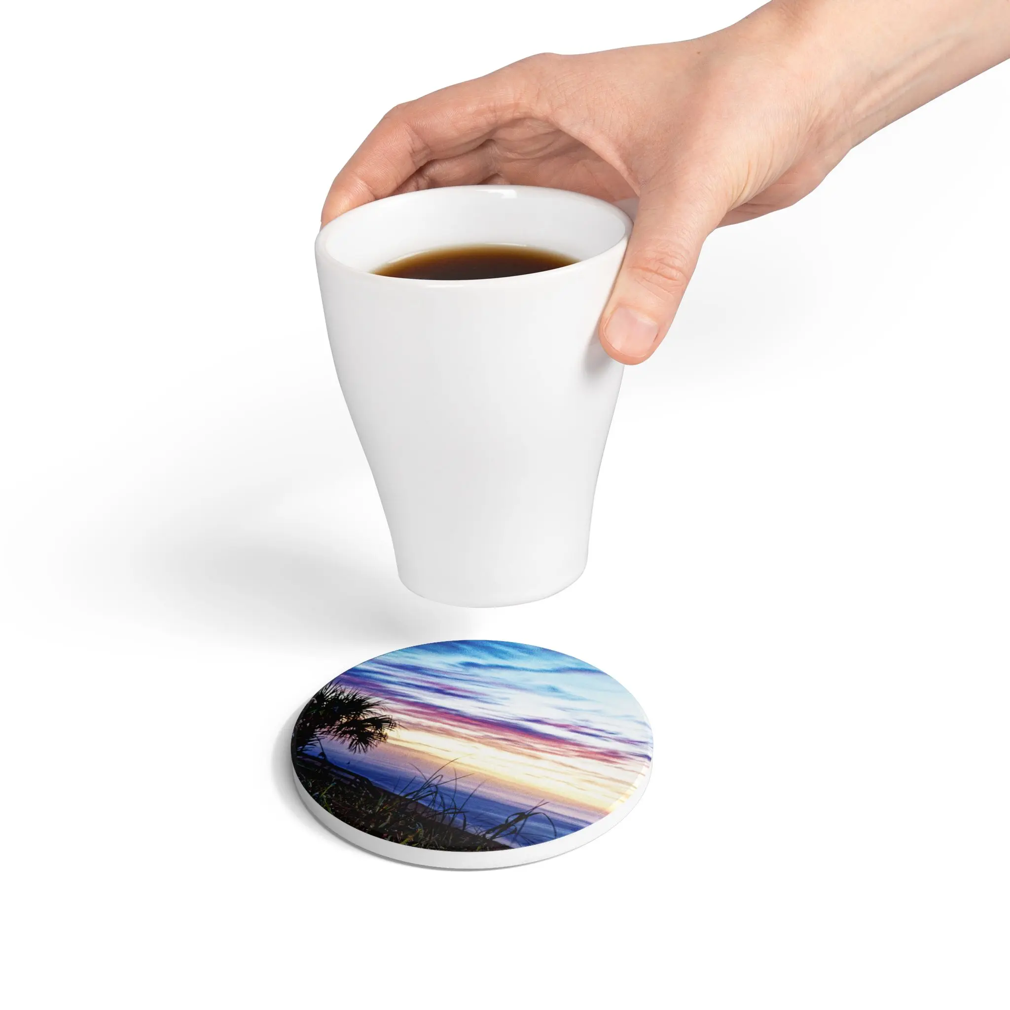 Premium Ceramic Art Coaster Sunrise Collection Handcrafted Glossy Surface Cork Backing 4" Round for Coastal Home Decor Stylish Beach Tableware