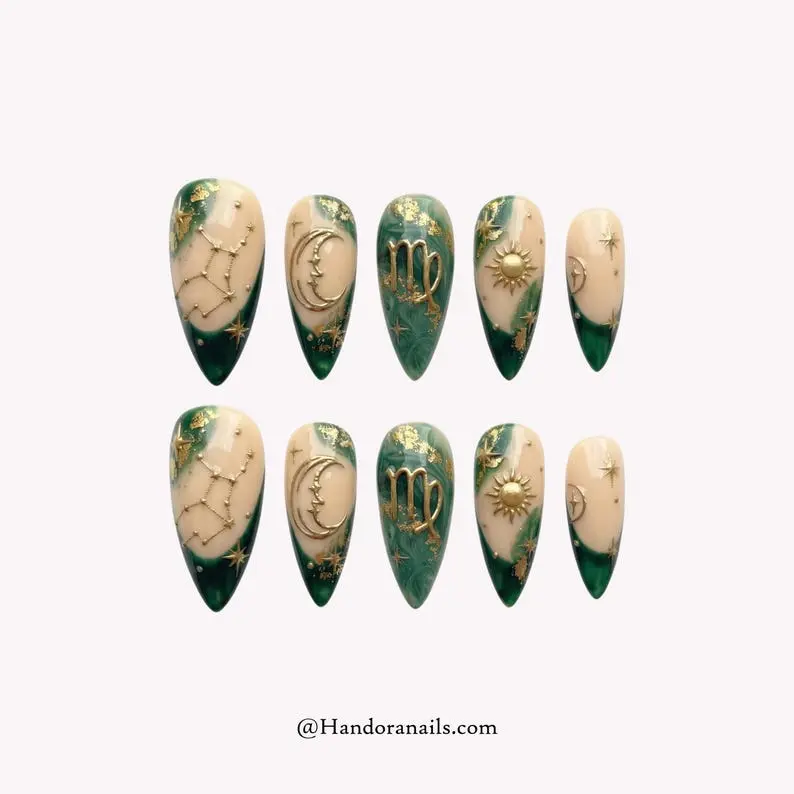 Virgo Zodiac Press On Nails, Forest Green and Cream Marble Nails, Reusable Manicure