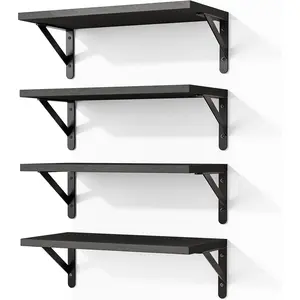 Floating Shelves for Wall, Wood Wall Mounted Shelves for Bedroom, Bathroom, Living Room, Kitchen Storage and Decor(Black, Set of 4, 16.5 Inch)